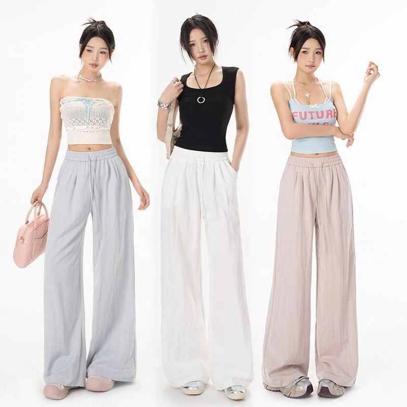 秋季冰丝阔腿裤子女秋季薄高腰垂感日系慵懒山本裤棉质感休闲裤