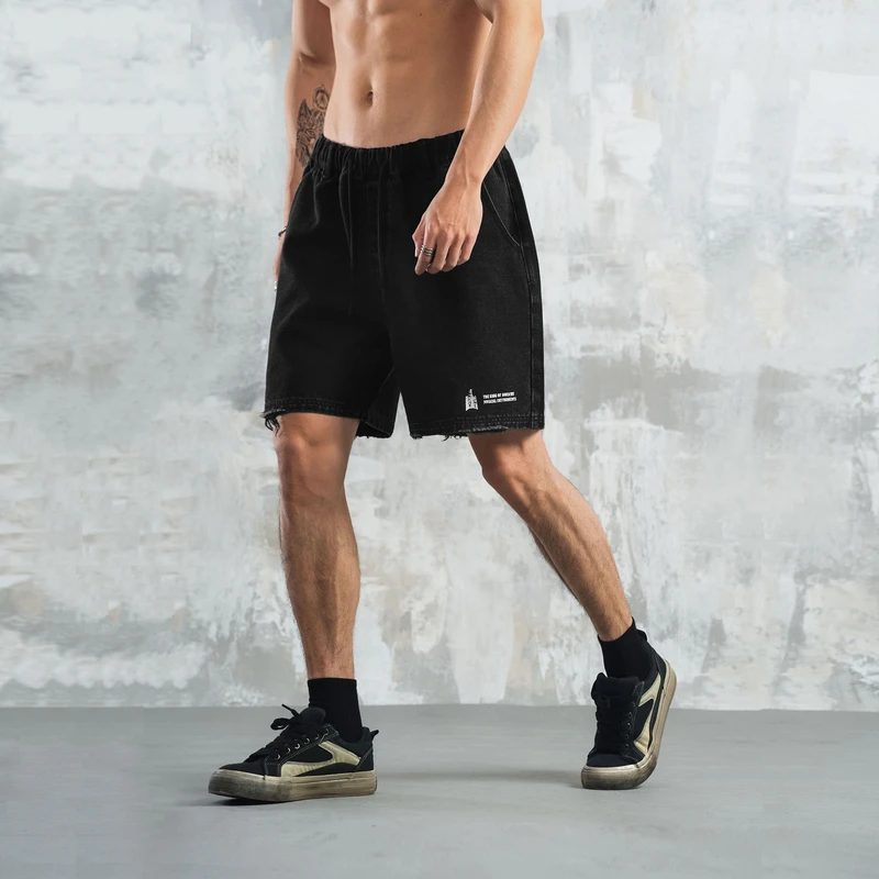 鹿家门夏季原创印花牛仔四分短裤美式运动训练大码健身宽松做短裤
