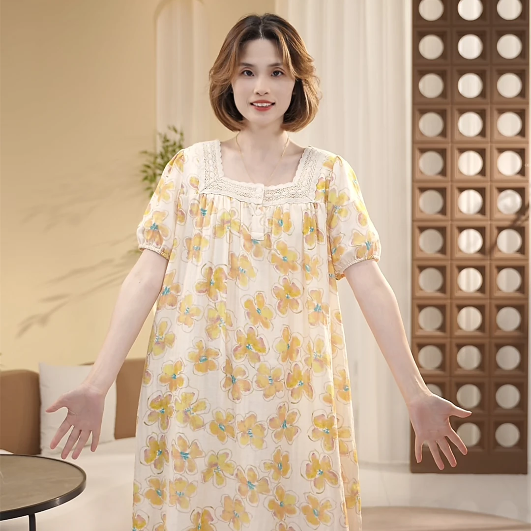 芙蓉世家【太阳花睡裙~纯棉双层纱】夏天透气凉快家居裙可外穿