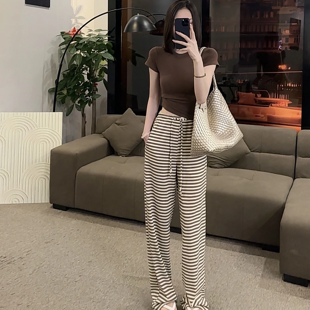 【OS&oneshow】气质休闲套装盛夏新款圆领上衣奶咖条纹阔腿裤两件女