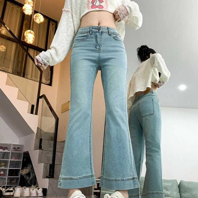 浅蓝色弹力牛仔裤女春秋新款大码胖mm高腰显瘦直筒裤微喇叭九分裤