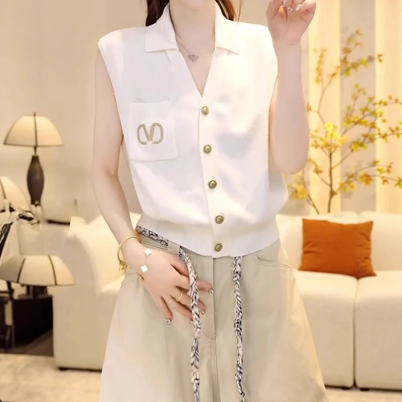 大码胖MM翻领无袖针织衫女2025新款夏季外穿背心时尚百搭气质上衣