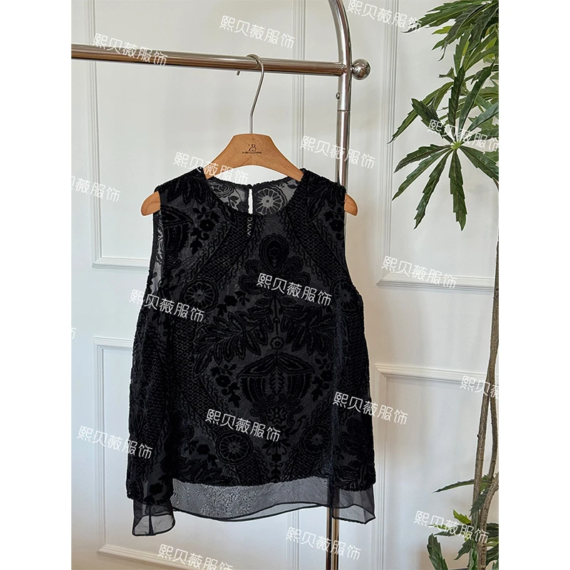 熙贝薇 欧货植绒雕花内里薄纱小众设计款无袖背心 G7925