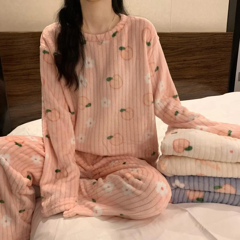 秋冬新款珊瑚绒可爱时尚长款家居服睡衣保暖加厚长袖家居服两件套