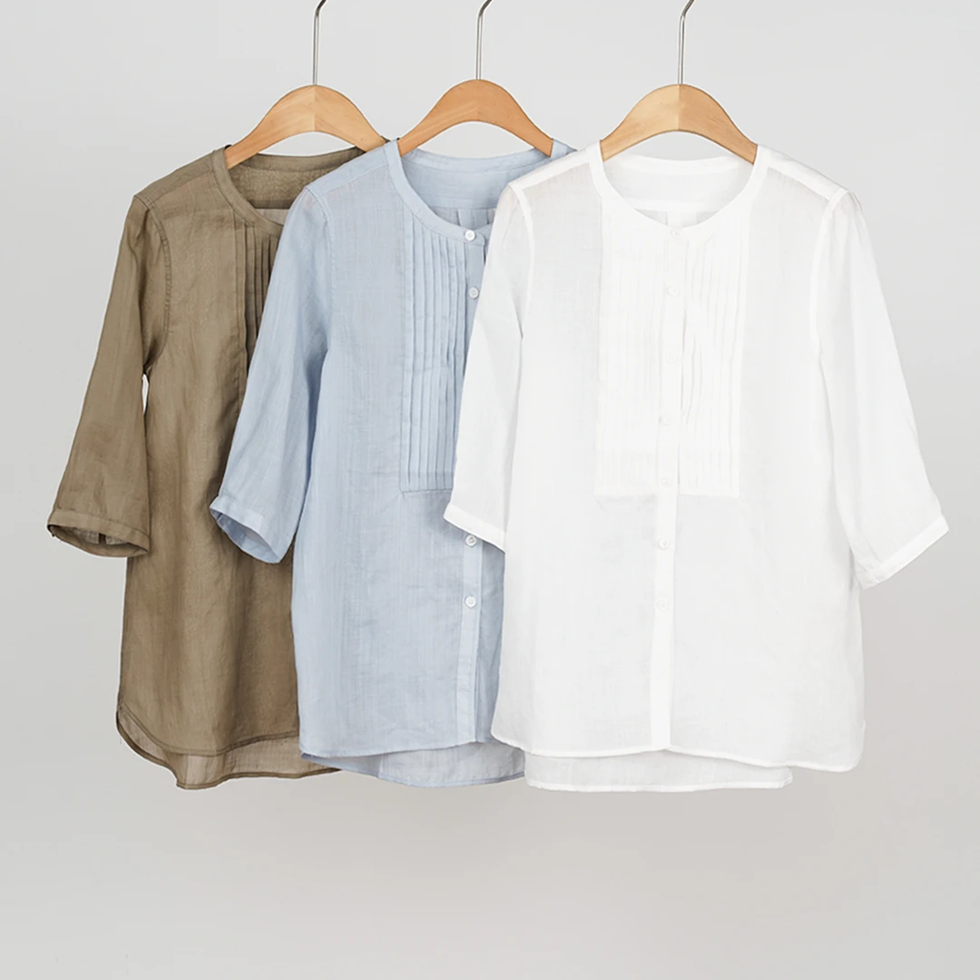外贸品牌单 早秋100%麻平纹布衬衫女士上衣（251594）20909