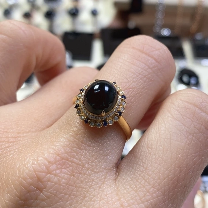 翡翠戒指18K金镶嵌缅甸天然翡翠墨翠