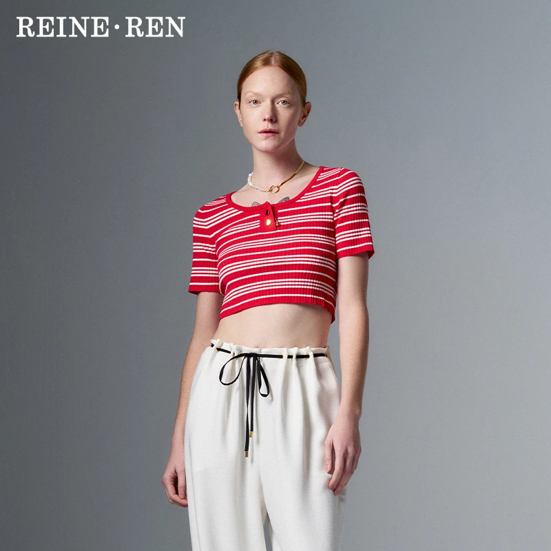 REINEREN设计师任茜春夏款时尚红白条纹复古高腰针织凉感短袖上衣