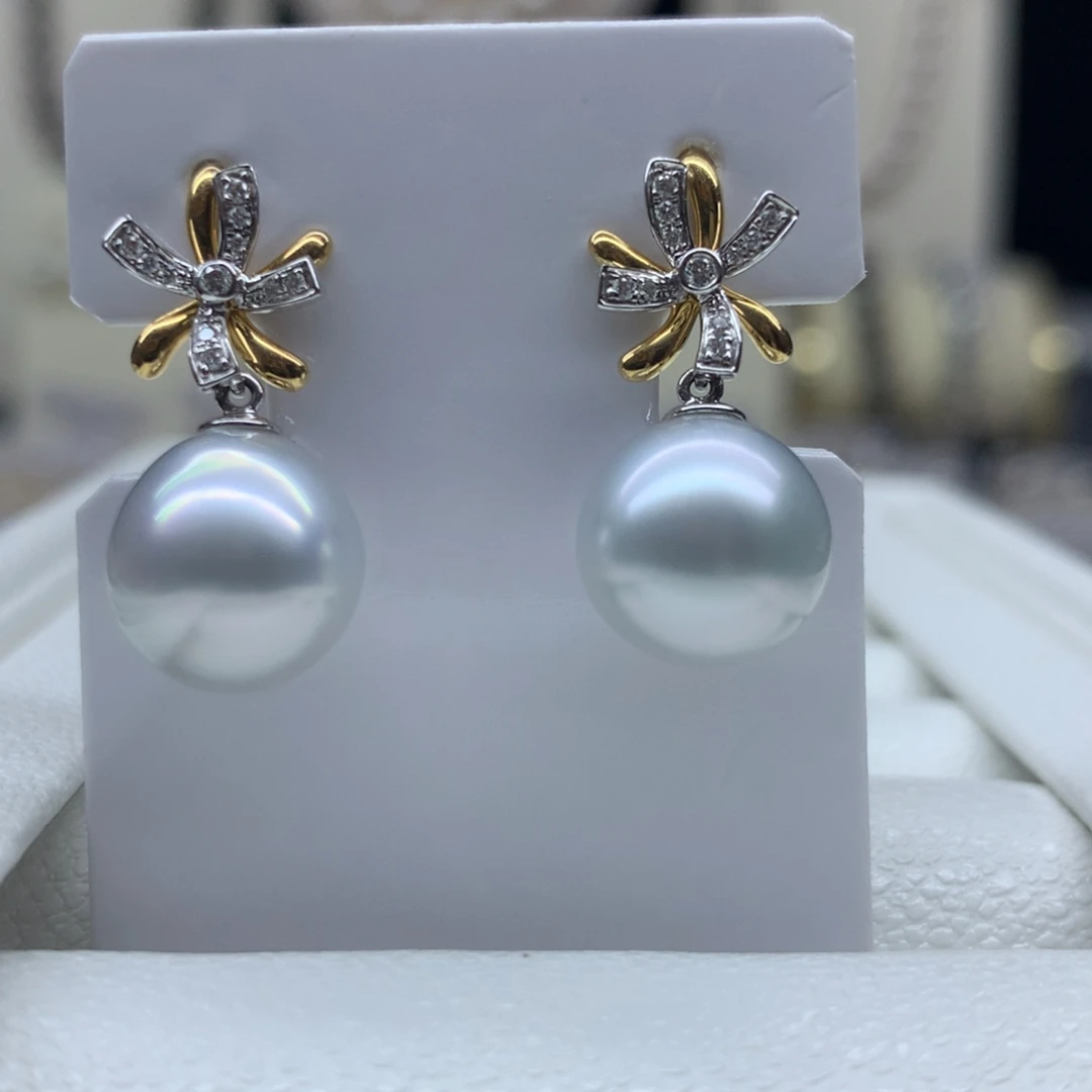 18K金镶嵌海水珍珠耳饰10.3mm澳白耳坠