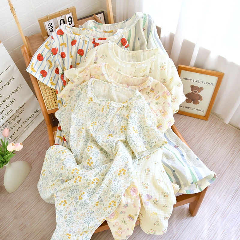 小宅裙婴儿棉短袖睡裙纯棉纱布家居服泡泡纱睡衣圆领薄款女夏季