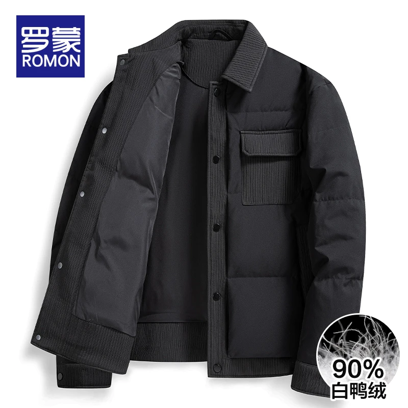 罗蒙男士羽绒服2025冬季新款潮流加厚保暖夹克防风翻领工装外套男