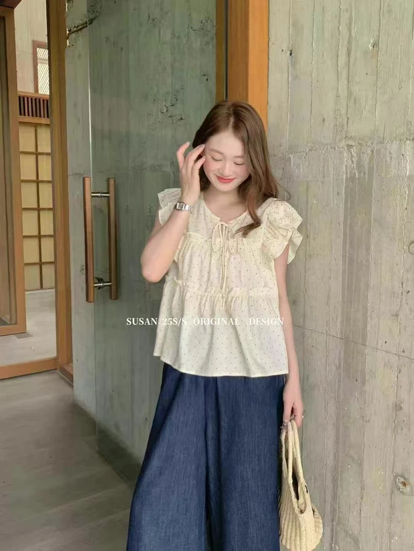 susan@Q5907 韩系甜美木耳花边波点系带小衫 6-25