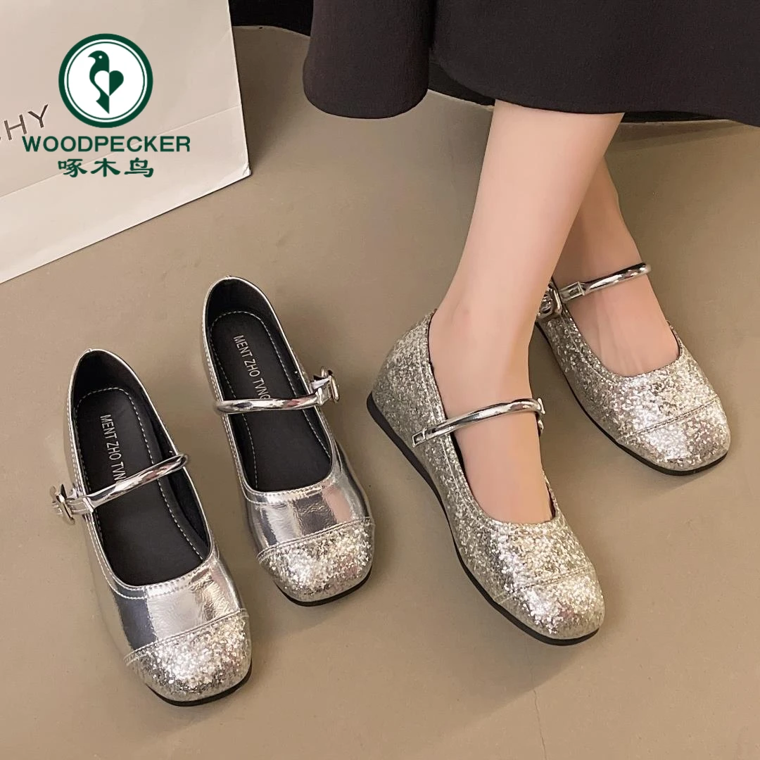 啄木鸟内增高银色复古风玛丽珍单鞋女2025年夏季新款配裙子小皮鞋
