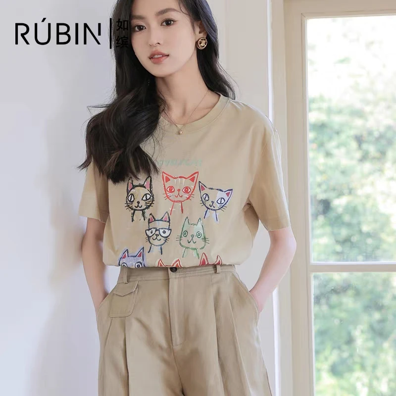 如缤RUBIN2024夏季款正品女装短袖卡通印花圆领纯棉T恤6L24T64036