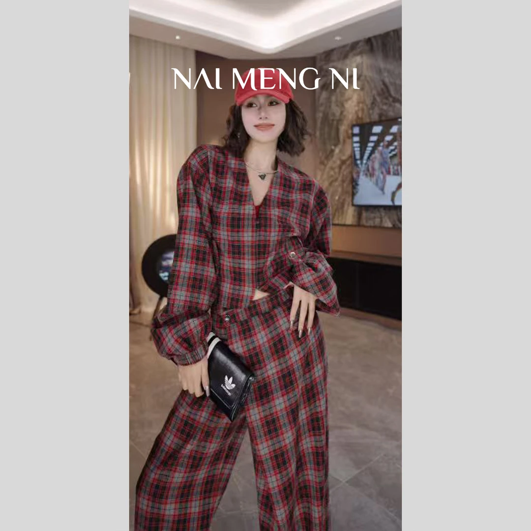 【毛毛】NMN王火火&设计师新款通勤百搭复古格子休闲套装 26N69833