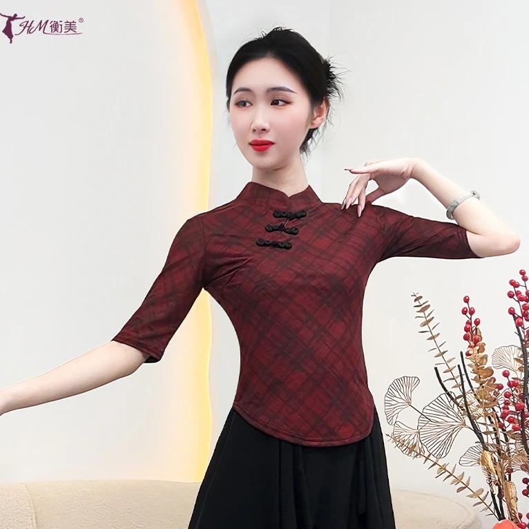 新款夏季古典舞服修身气质旗袍领格子中袖上衣女现代舞形体练功服