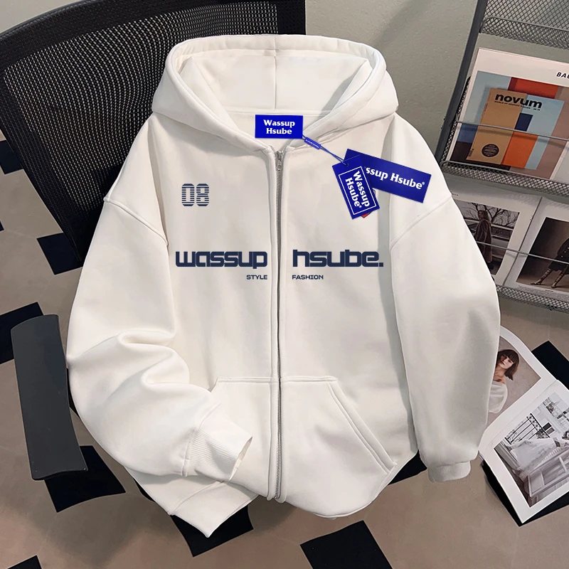 WASSUP HSUBE重磅美式国潮牌卫衣男士慵懒宽松开衫连帽上衣外套潮
