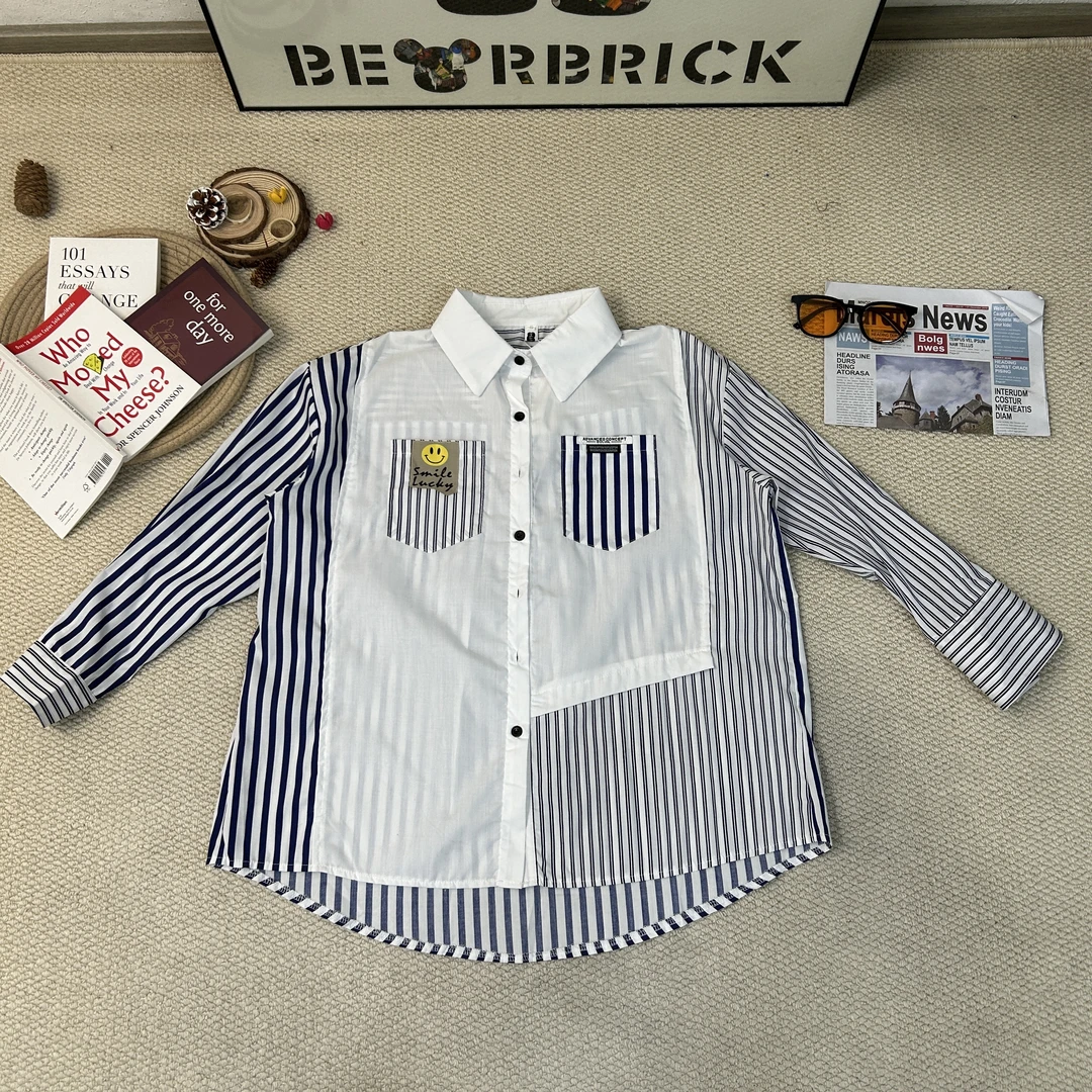 2025早春新款休闲宽松百搭拼竖条纹长袖衬衫外套9082