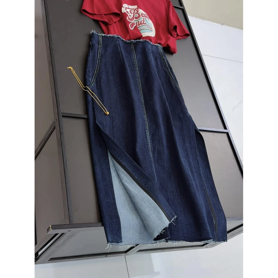 棉98.4% 复古深蓝色毛边显瘦高腰牛仔半身裙秋冬中长款牛仔裙