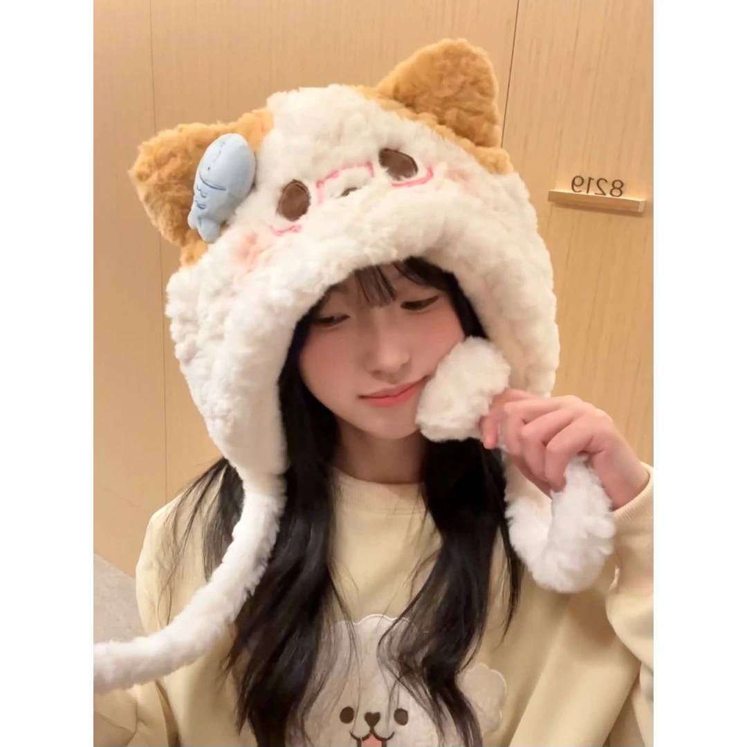 可爱奶油眼镜小猫毛绒帽子女呆萌显脸小秋冬防寒加厚保暖帽骑行帽