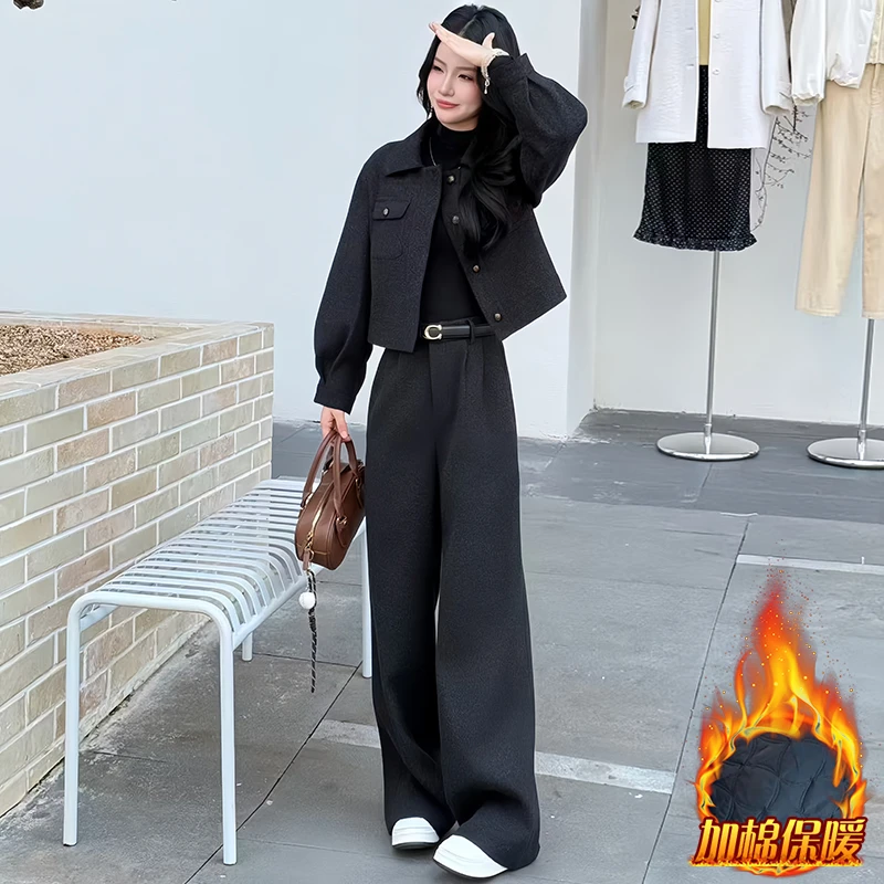 韩版时尚高级感套装女2025年冬季洋气显瘦加厚短外套阔腿裤两件套