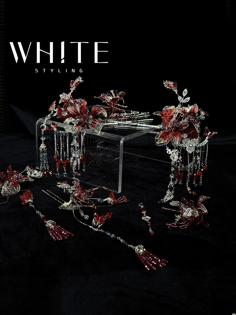 非金属仿水晶婚庆饰品 WHITE手作｜粉丝福利中式 红银色 （9大件套）