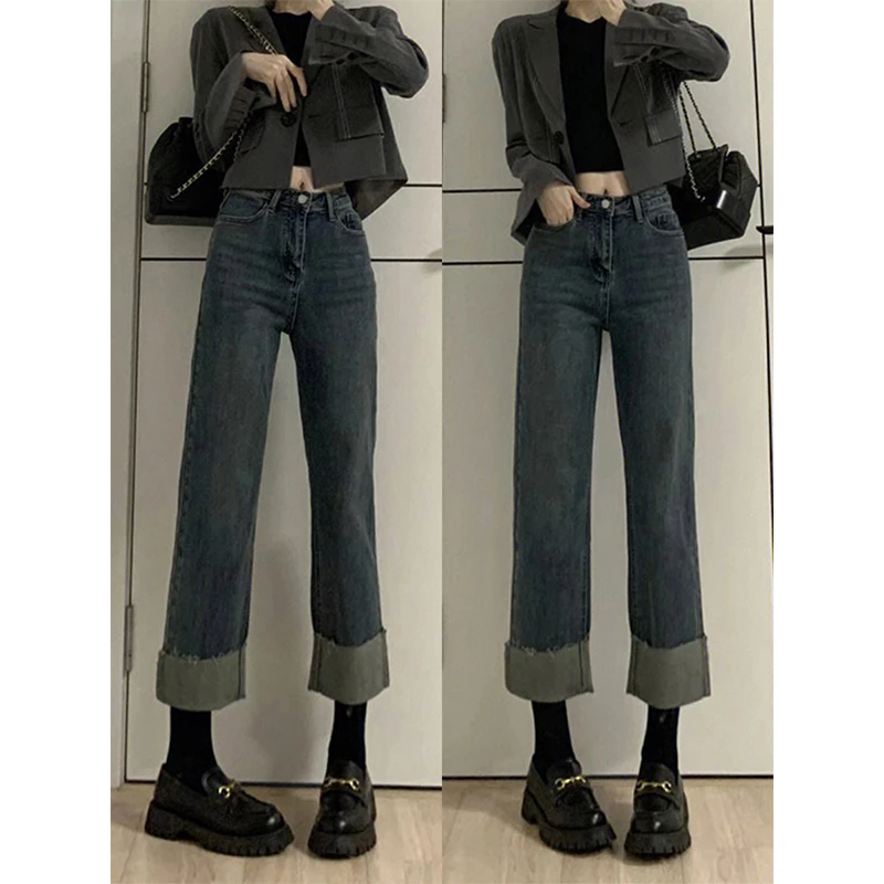 高腰直筒牛仔裤女秋冬加绒大码百搭宽松显瘦小个子卷边九分烟管裤