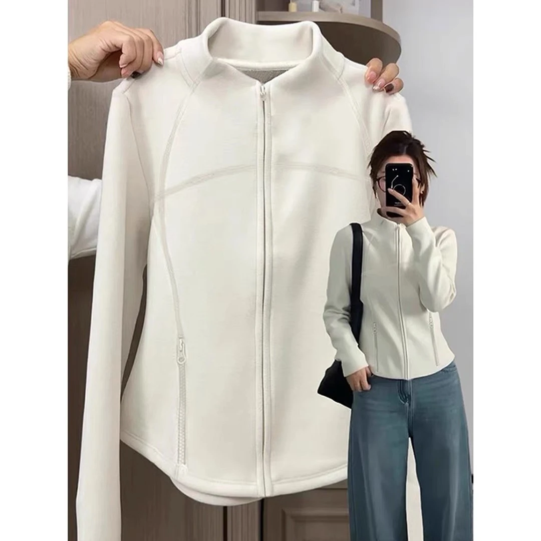 白色立领抓绒厚外套女秋冬季新款加绒保暖冲锋衣紧身收腰显瘦卫衣