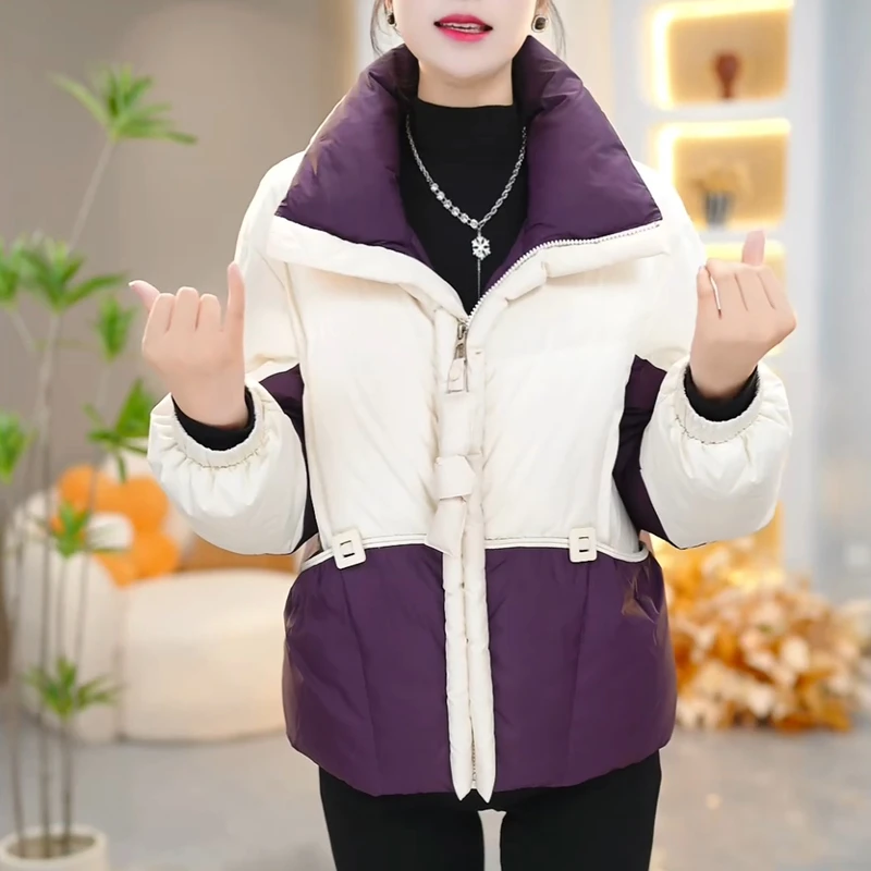 设计感纯色拼接加厚保暖简约羽绒服女2025年新款冬季宽松立领外套