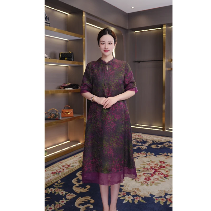 [梦云] 花萝琉璃扣气质妈妈装显瘦云纱连衣裙