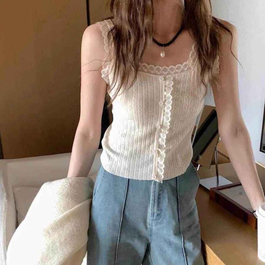 纯欲蕾丝边针织小吊带上衣女春夏新款韩系甜美修身短款背心打底衫