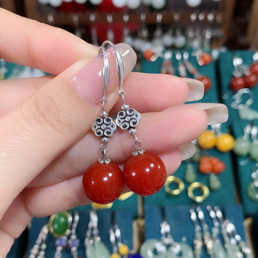 玛瑙/玉髓耳饰银S925镶嵌天然红玛瑙12mm左右（锦红）