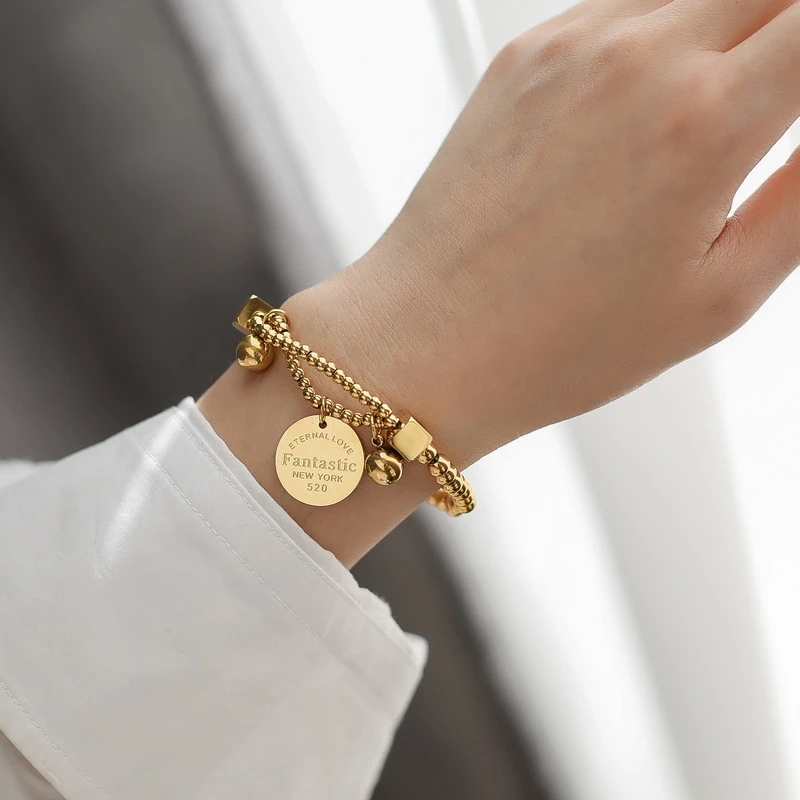 钛钢手链 钛钢手镯经典气质时尚轻奢钛钢手链冷淡风简约圆盘字母