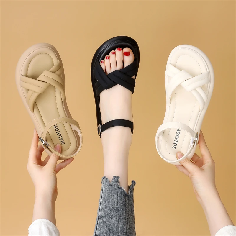 平底凉鞋女2025年夏季新款仙女风一字扣软皮软底百搭轻便罗马凉鞋