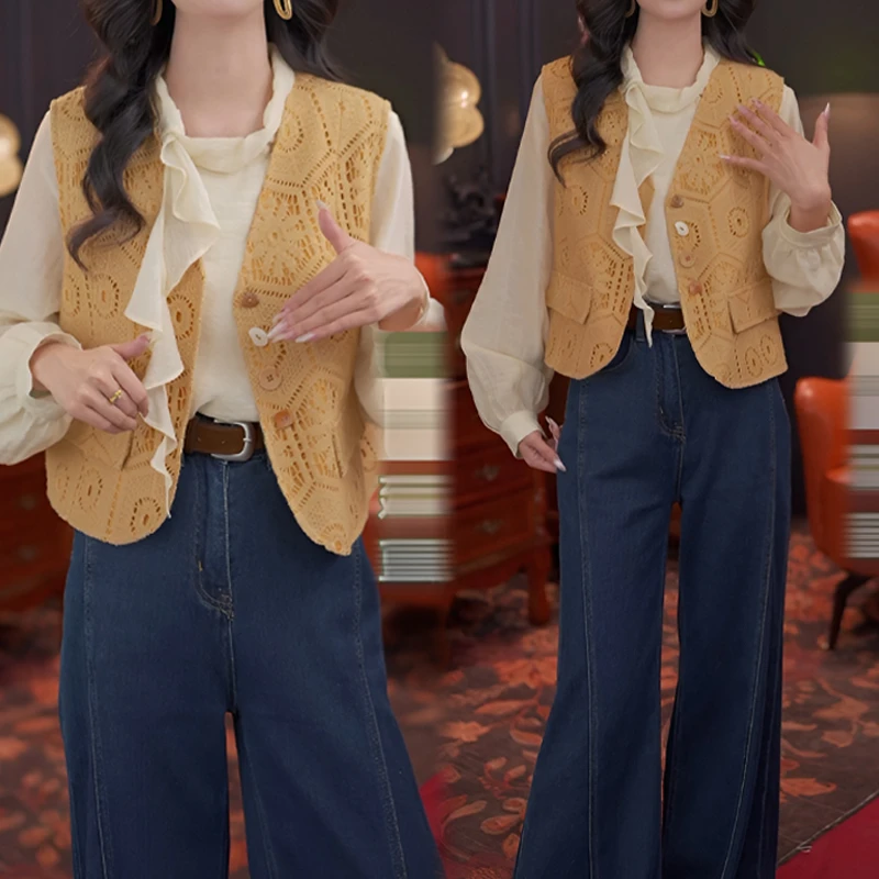 春秋一整套ootd穿搭减龄百搭上衣叠穿马甲阔腿裤时尚洋气三件套装