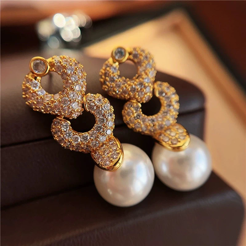 黄铜仿珍珠耳饰 镶钻百搭重工素款满钻耳饰气质耳环精致时尚轻奢