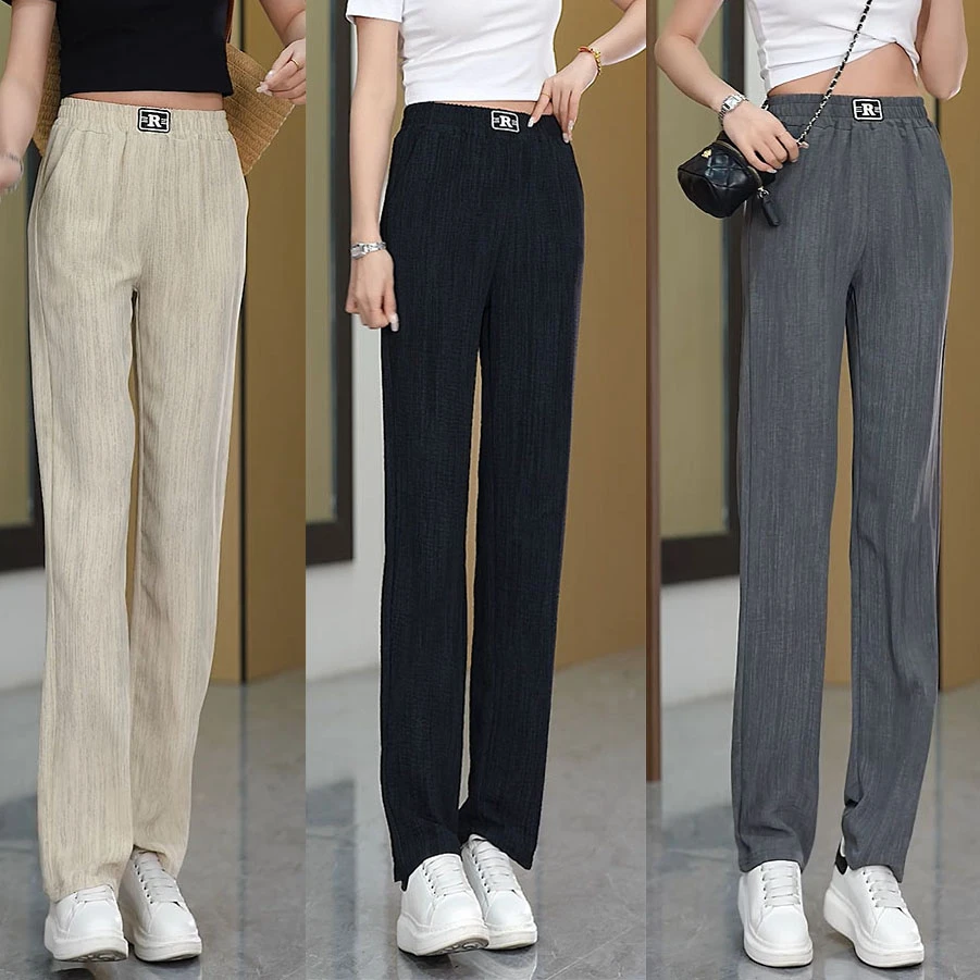 2025夏季新款凉快透气直筒裤女高腰显瘦肌理感薄款垂坠宽松休闲裤