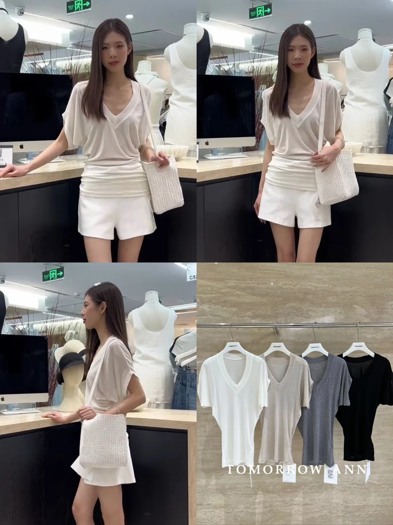 是含天思羊毛的！蝙蝠袖V领T恤（TM11353#）TM