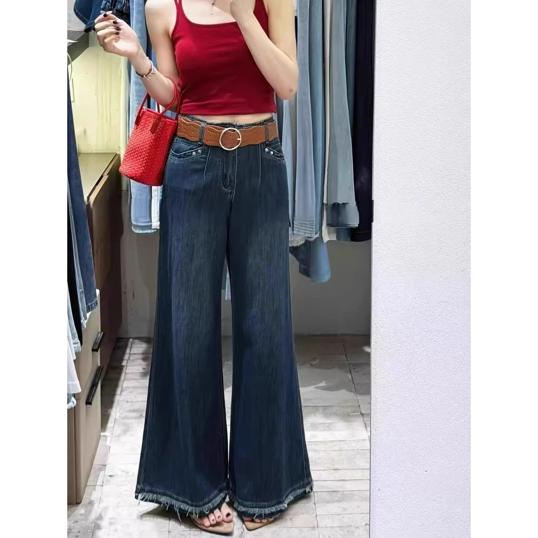 早秋新款港味超阔腿牛仔裤女韩版宽松高腰不贴腿显瘦显腿长拖地裤