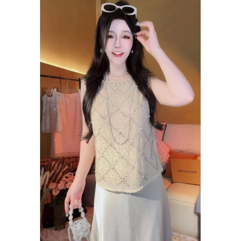 [崔]D0146 宽松型气质名媛修身型小香风背心吊带宽松镂空雪纺衫
