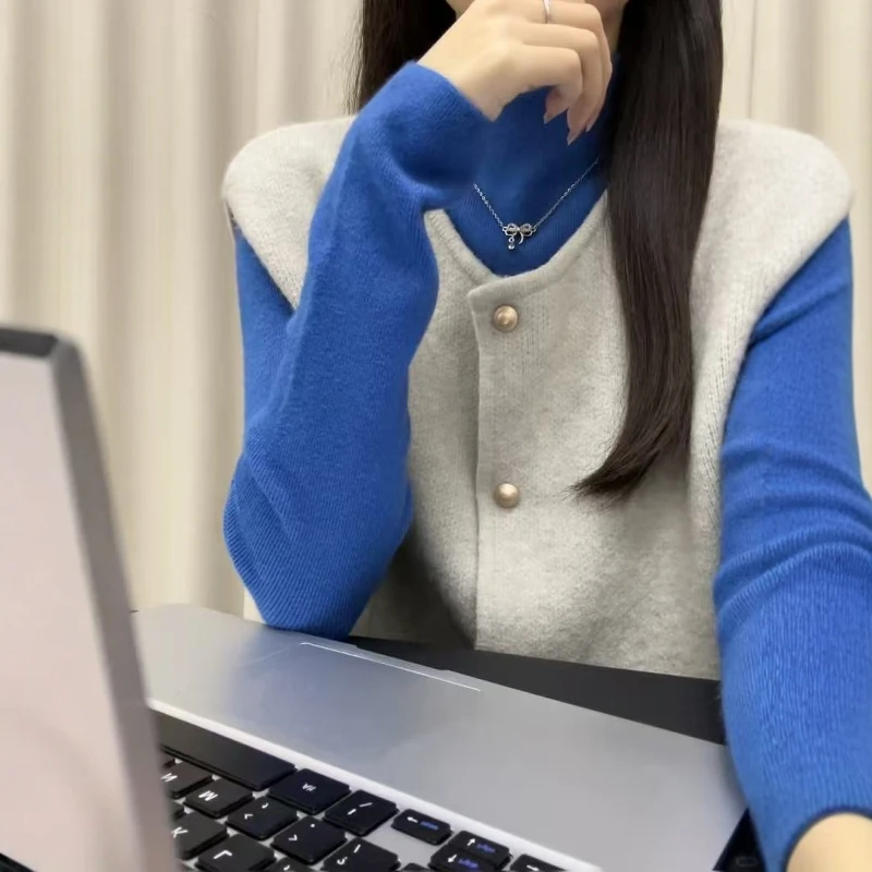 爱因蓝色气质显白针织衫女2025秋冬新款高智感叠穿上衣两件套ins