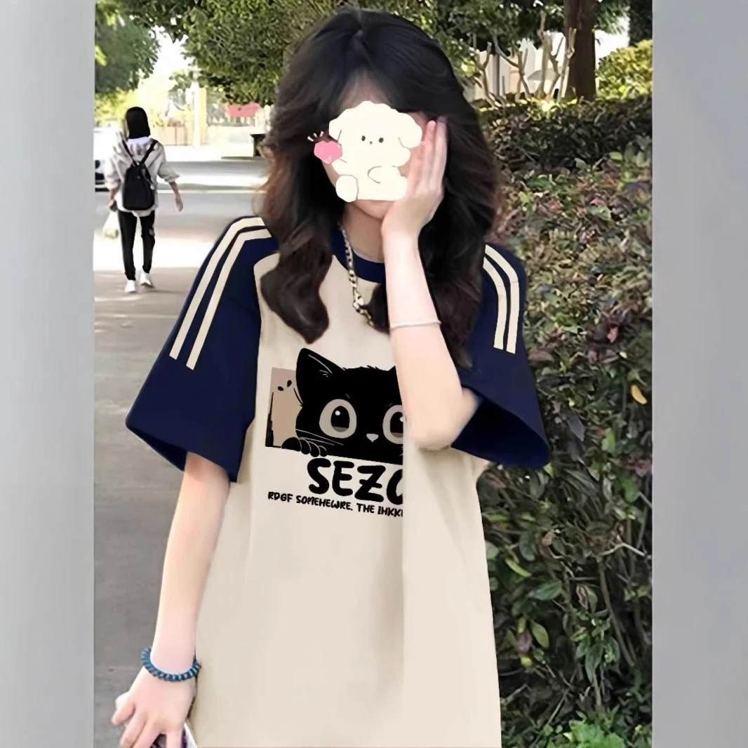 烫印短袖印花中长款ol圆领T恤百搭通勤炸街旅游网红洋气炸街女装