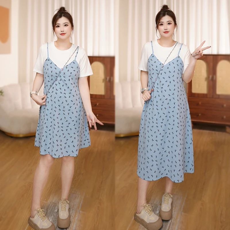 胖mm夏装新款微胖穿搭雪纺假俩件大码女装微胖穿搭连衣裙 525260