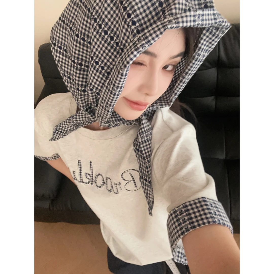 【首尔留学生】26506 美式撞色格子简约字母短袖设计感上衣【配丝巾】