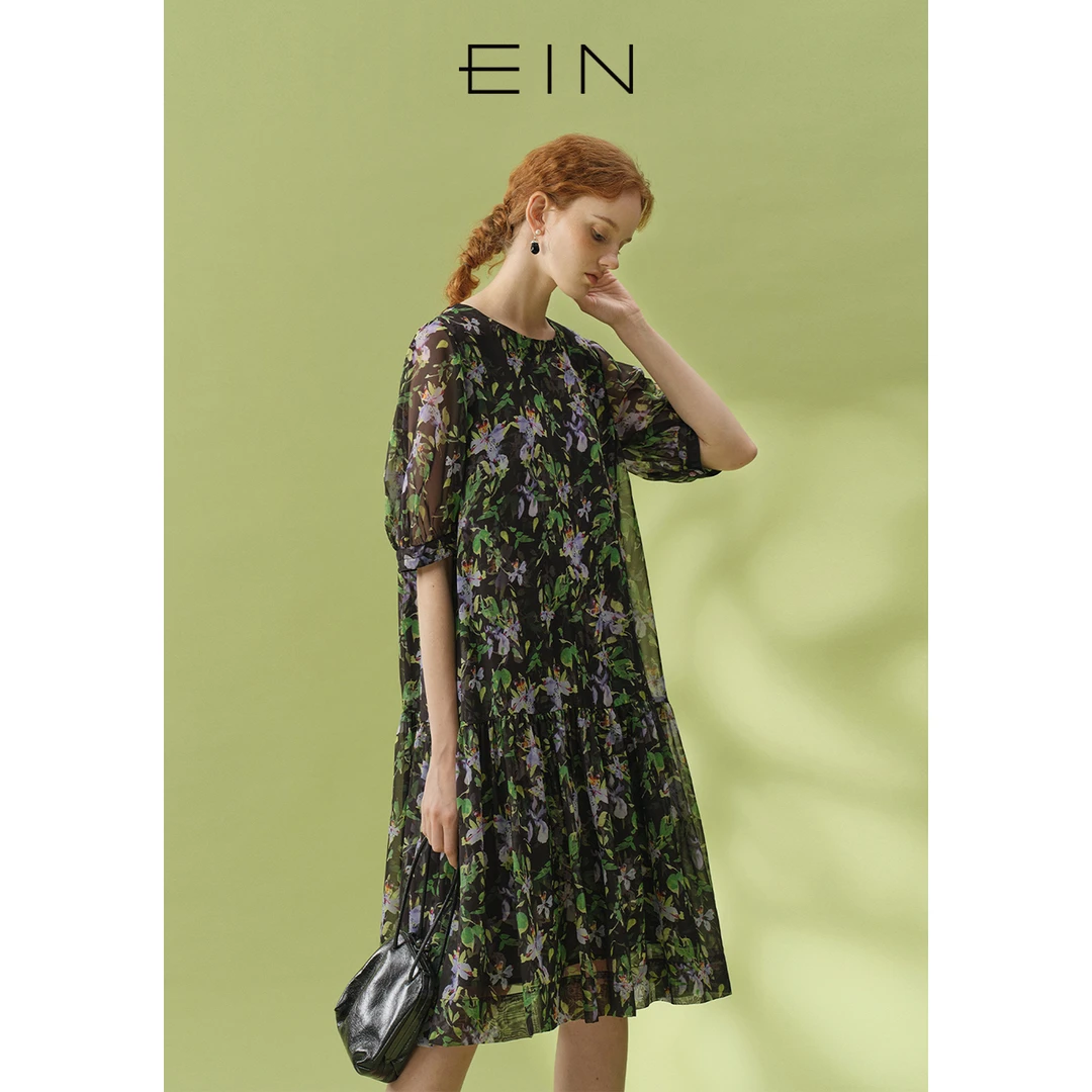 EIN/言【花卉博物馆】浪漫风情印花圆领泡泡袖连衣裙25夏季款