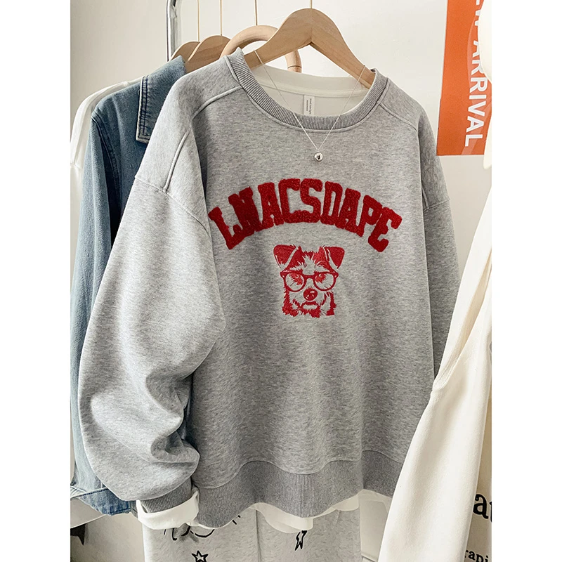 小众设计感刺绣圆领加绒卫衣女2025新款秋冬爆款韩版大码胖mm上衣