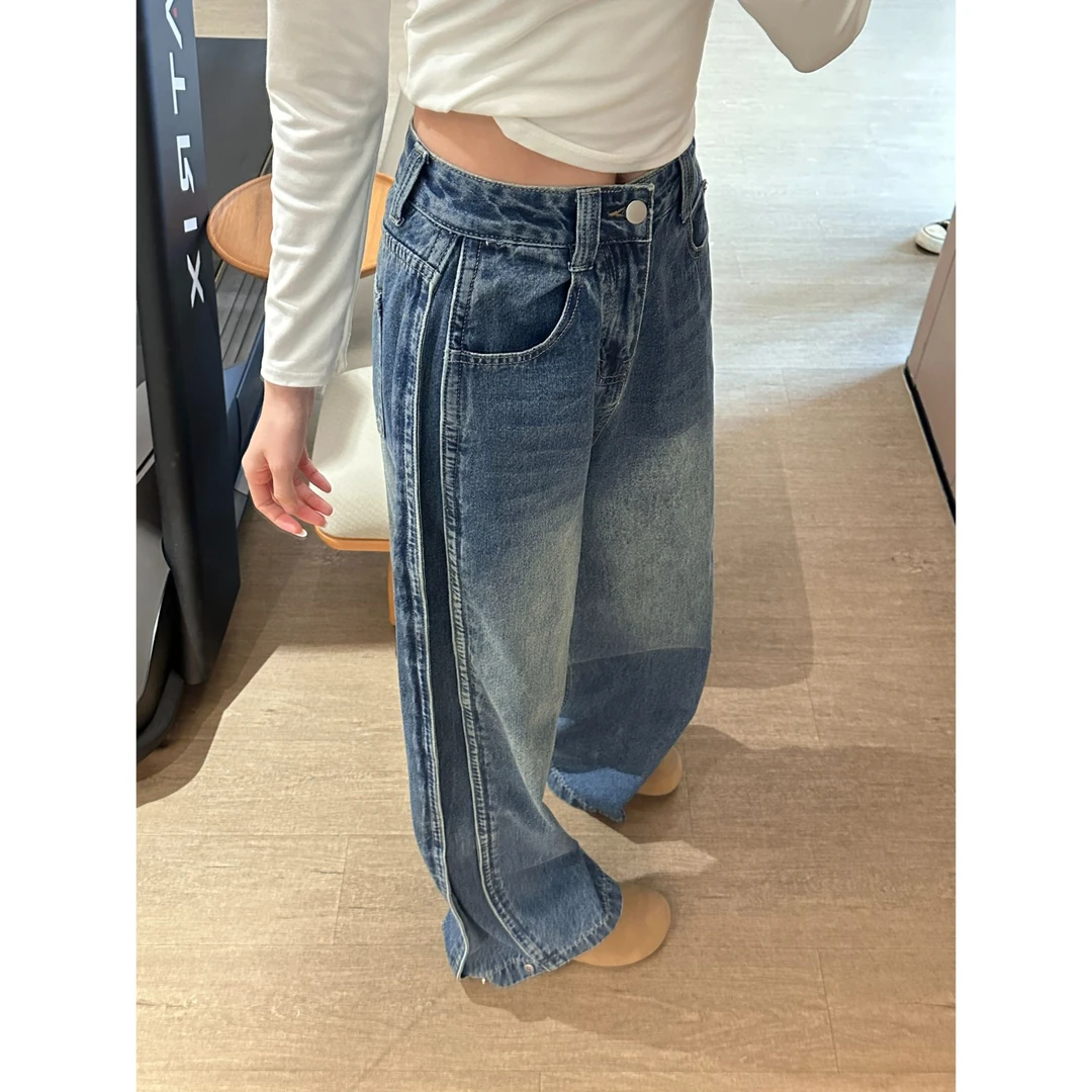 7496 W复古蓝水洗高级感阔腿牛仔裤女2025新款宽松拖地阔腿裤