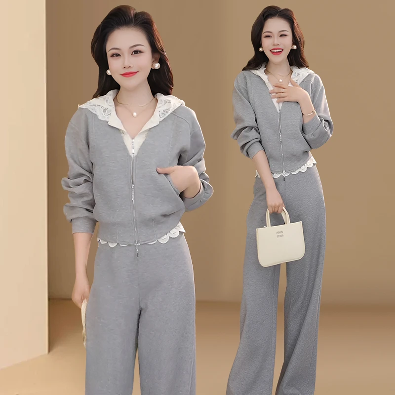 欧货爆款运动套装女春秋2025新款设计感蕾丝花边假两件卫衣两件套