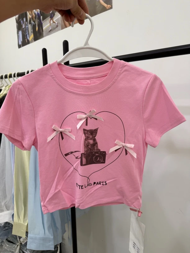 少女粉蝴蝶结猫咪T百搭短款上衣