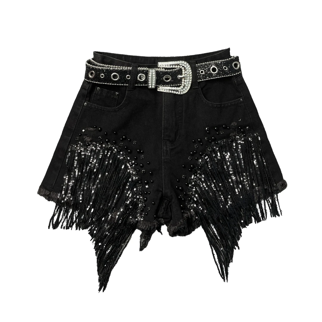 时尚破洞牛仔短裤高腰重工镶钻钉珠亮片流苏设计A字版型阔腿热裤