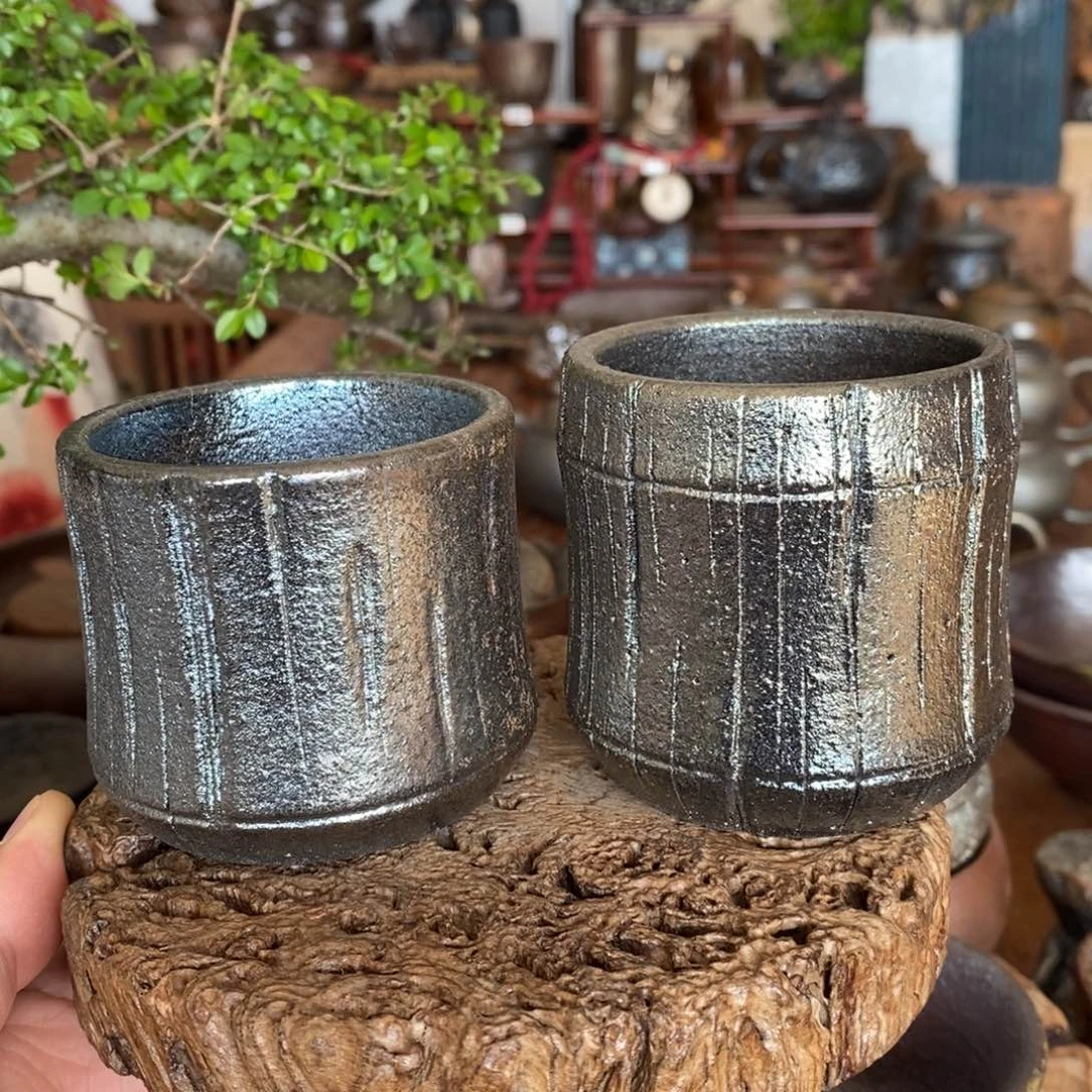 建水紫陶，全手工纯柴烧主人杯，一对
